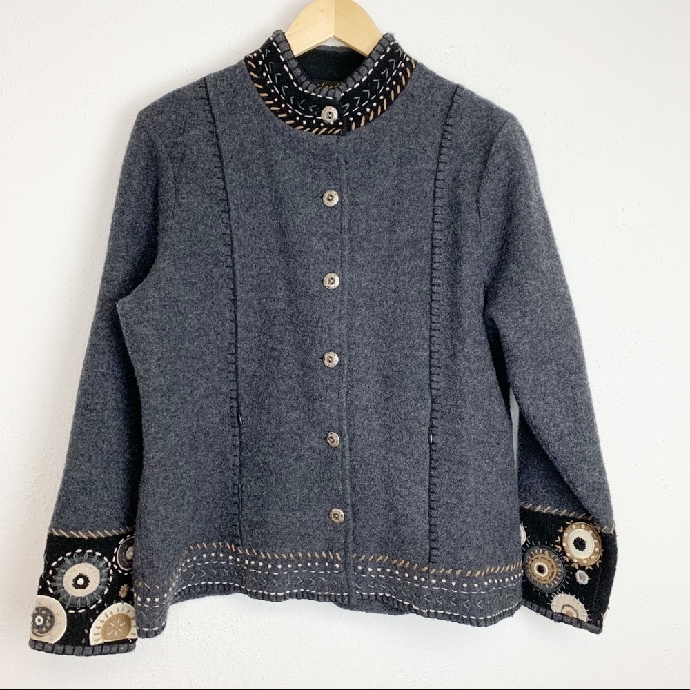 Icelandic Designs Nehru Collar Gray Embroidered Jacket Cardigan - L